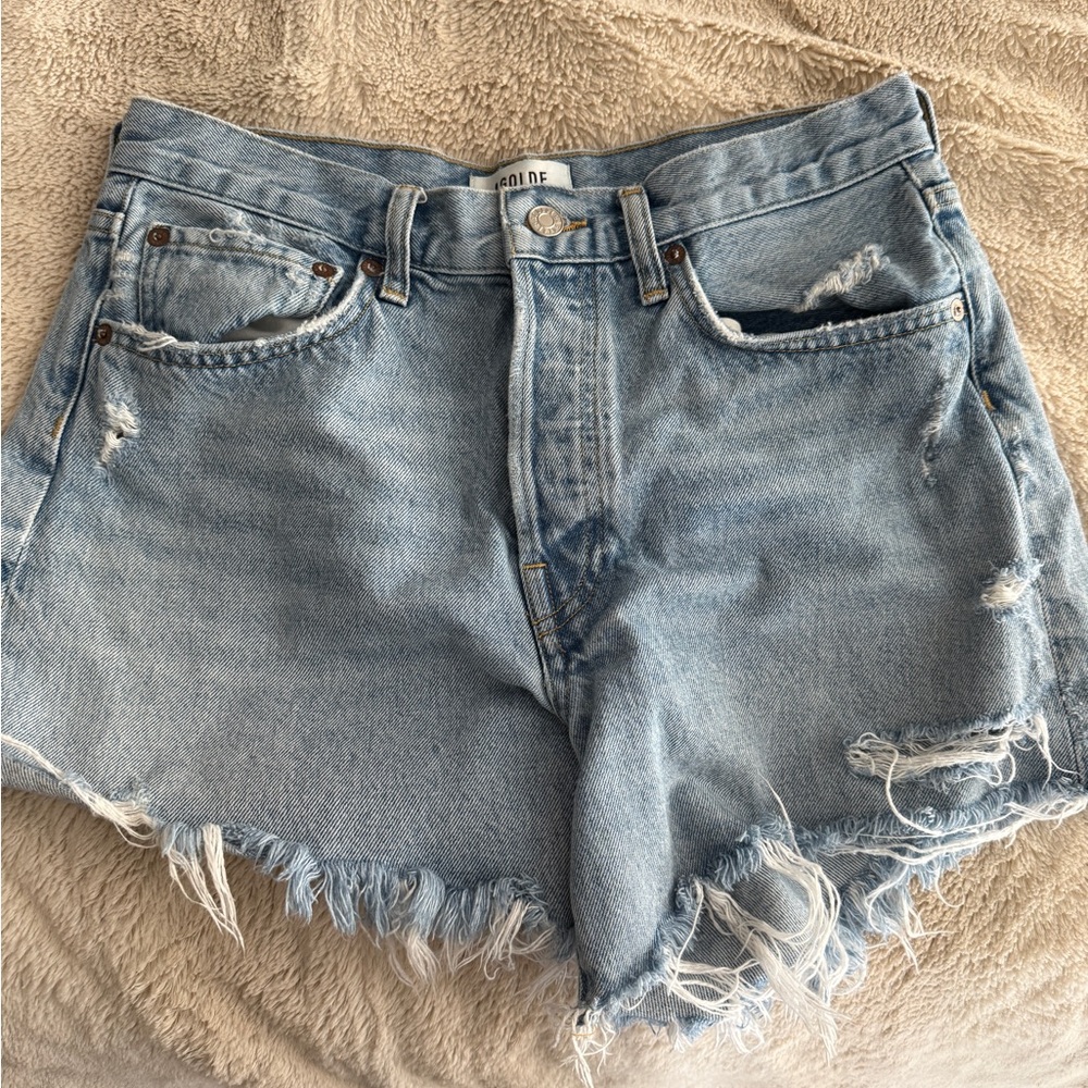 Agolde Blue Jean Shorts with Distressed Frayed Hem Parker LONG